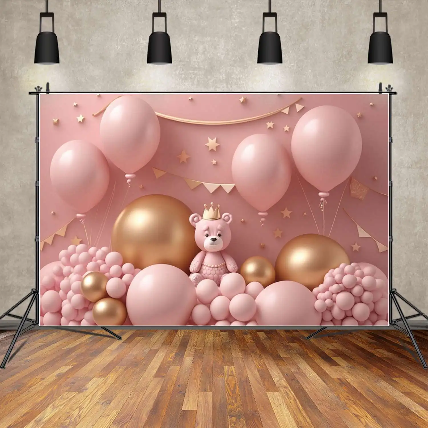 

MOON.QG Backdrop Happy Birthday Banner Pink Teddy Bear Gold Crown Star Balloon Background Customized Party Photo Booth Supplies