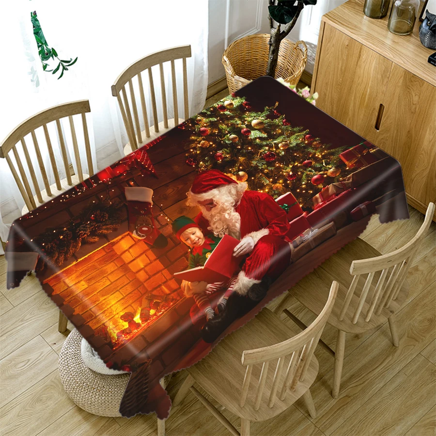 

New Year Merry Christmas Santa Claus Tablecloth Kitchen Dining Table Tea Table Mat Home Decor Rectangular Washable Table Cover