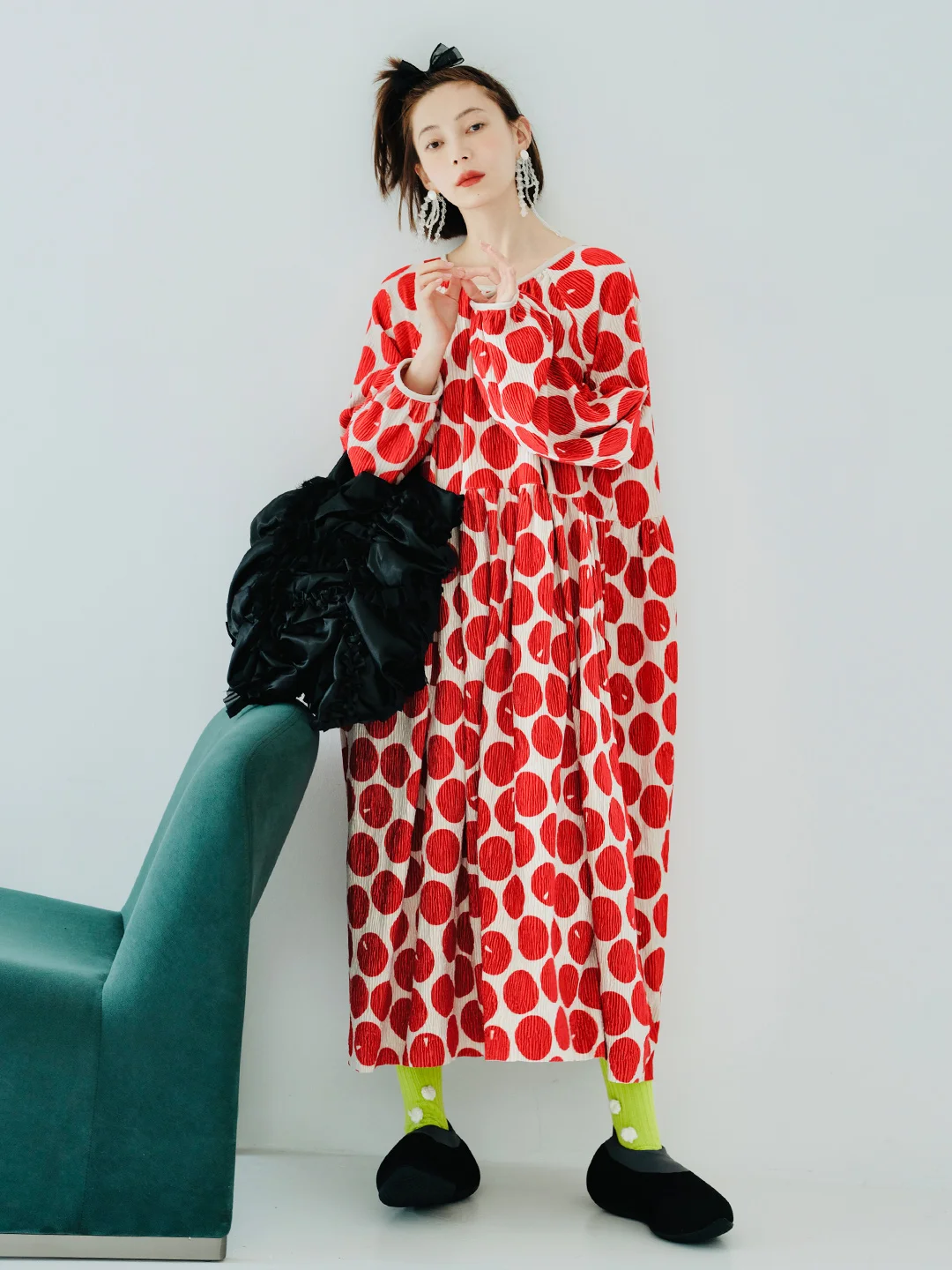 

IMAKOKONI original design red polka dot dress women's autumn and winter long sleeve pressure crepe design sense women's 223835