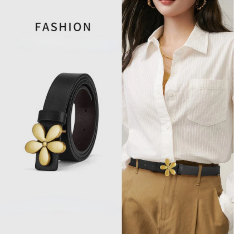 

Ремень кожаный женский двусторонний, маленький Классический Повседневный Пояс с цветочной пряжкой в стиле ретро, лето