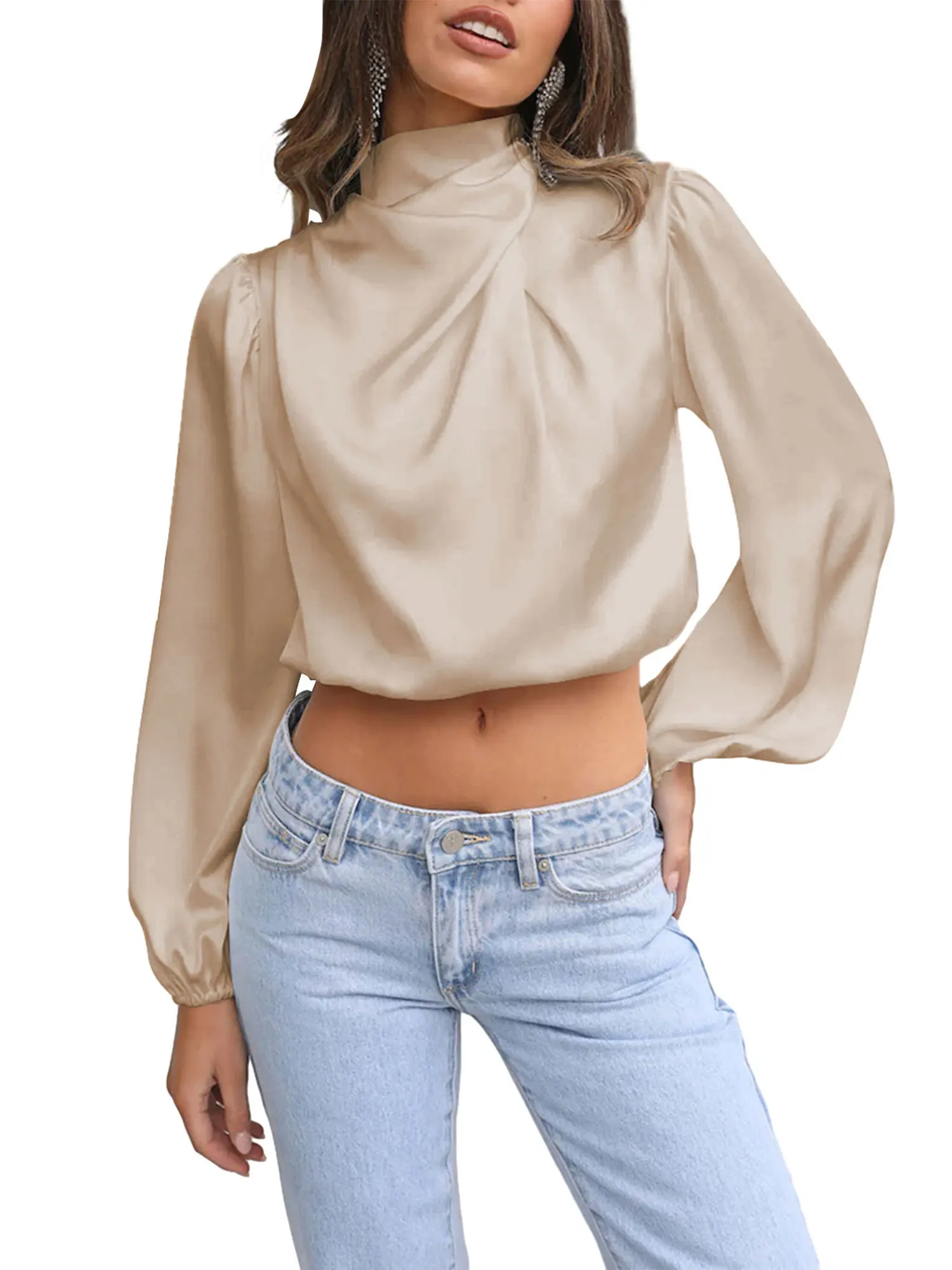 

Women Satin Silk Blouse Mock Neck Long Sleeve Work Office Silky Shirt Loose Elegant Casual Blouse Top