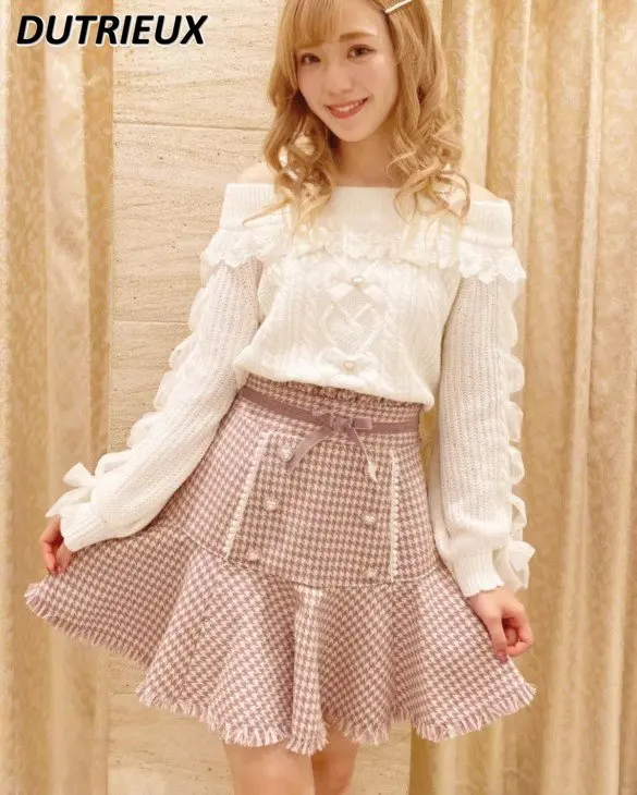 

Retro Houndstooth Skirt Women Velvet Tied Bow High Waist Slimming Fishtail Skirt Japanese Lolita Sweet Ruffled Hip Mini Skirts