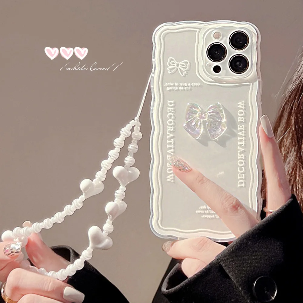 

Stereoscopic transparent bow+love strap Phone Case For iphone 14 13 12 11 Pro Max X XR XSMAX 7 8 Plus SE TPU Case Cover