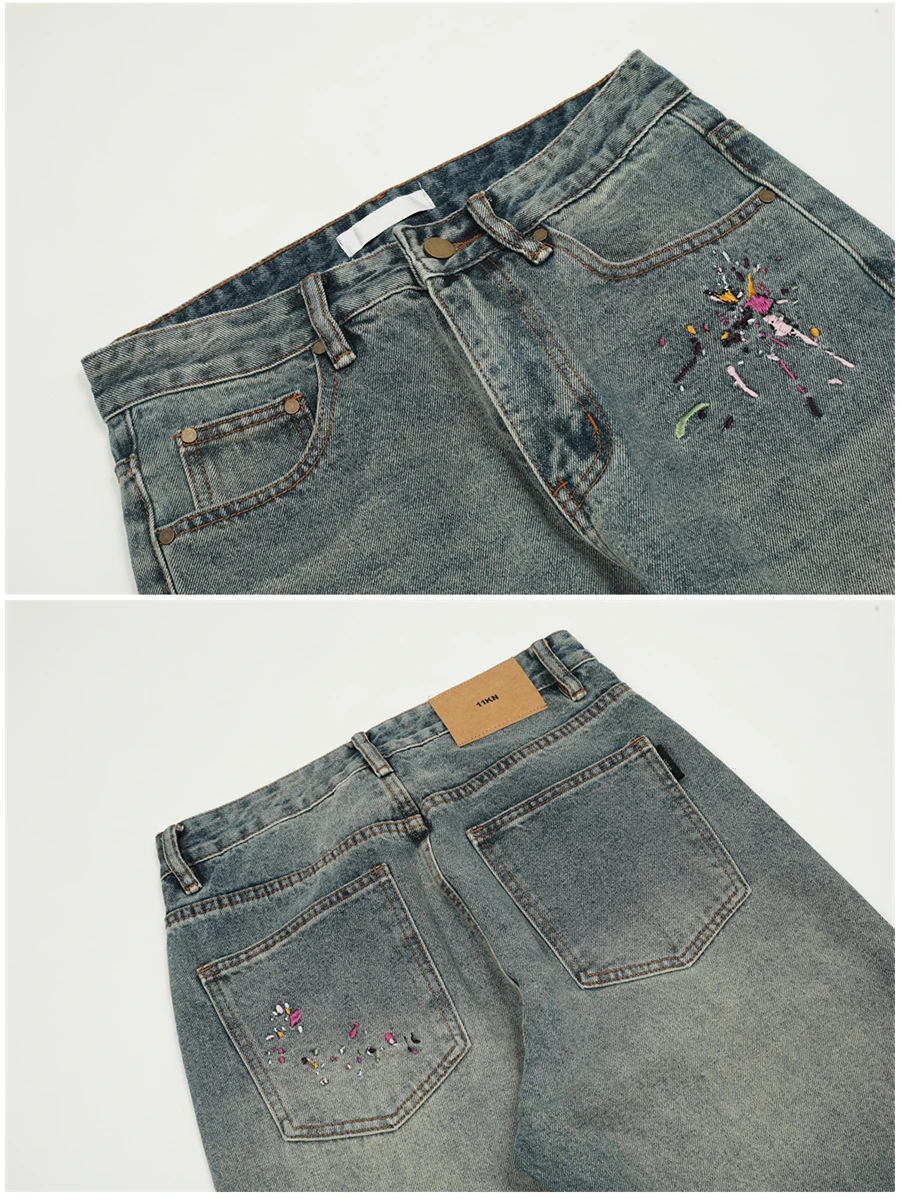 Four Seasons Men Jeans Spray Paint Splash Ink Printing Straight Loose Casual Wide Leg Pants Fashion Streetwear Men Ins Hot Sale