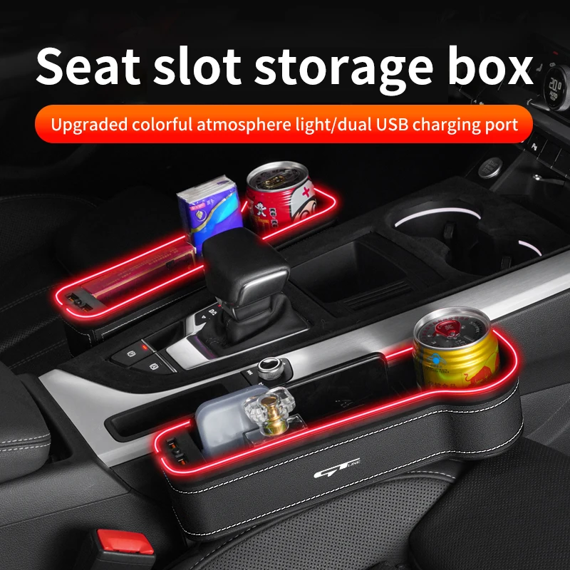 

For KIA GT Line Forte Seltos K5 Sportage Ceed Soul Car Seat Gap LED Luminous Leather Storage Box Attachment