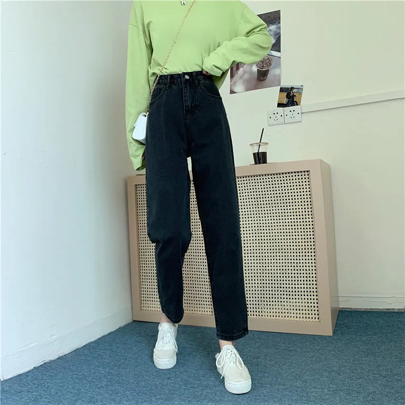Women Straight Leg Denim Pants 2021 High Waisted Jeans for Female Bottom Vintage Streetwear Fashion Clothes Blue Black Classic
