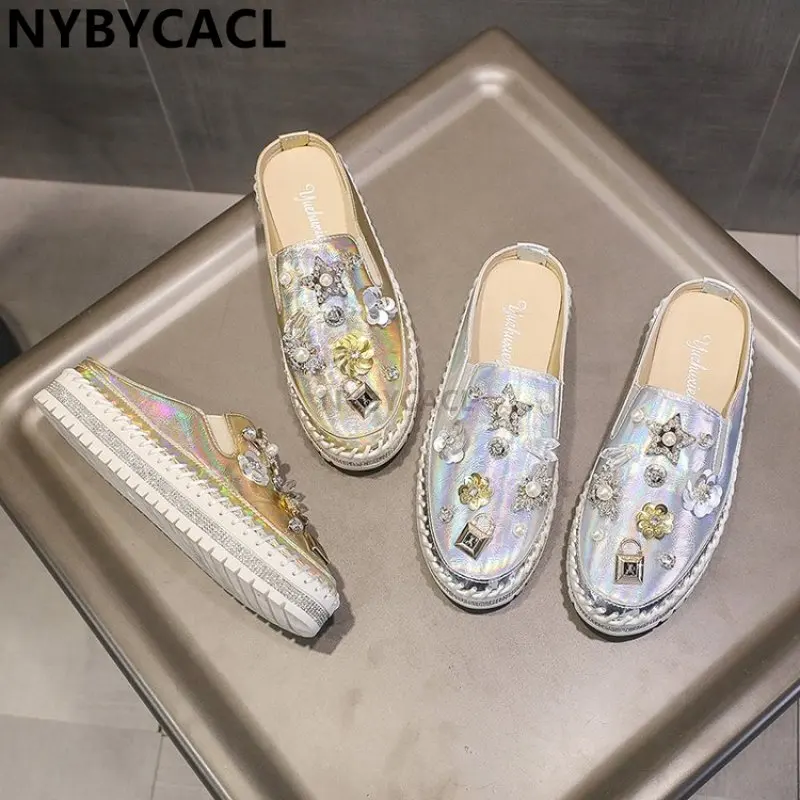 Diamonds Pearl Women Slippers Flowers Lock Crystals Rhinestone Slides Bling leather Round Toe Slip-on Platform Fashion New Shoes