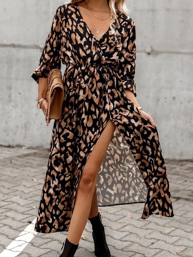 

Sexy Leopard Stripes Print Dress Autumn 2023 Women Elegant V-Neck High Split Dress Club Party Sundress Vestidos A2044