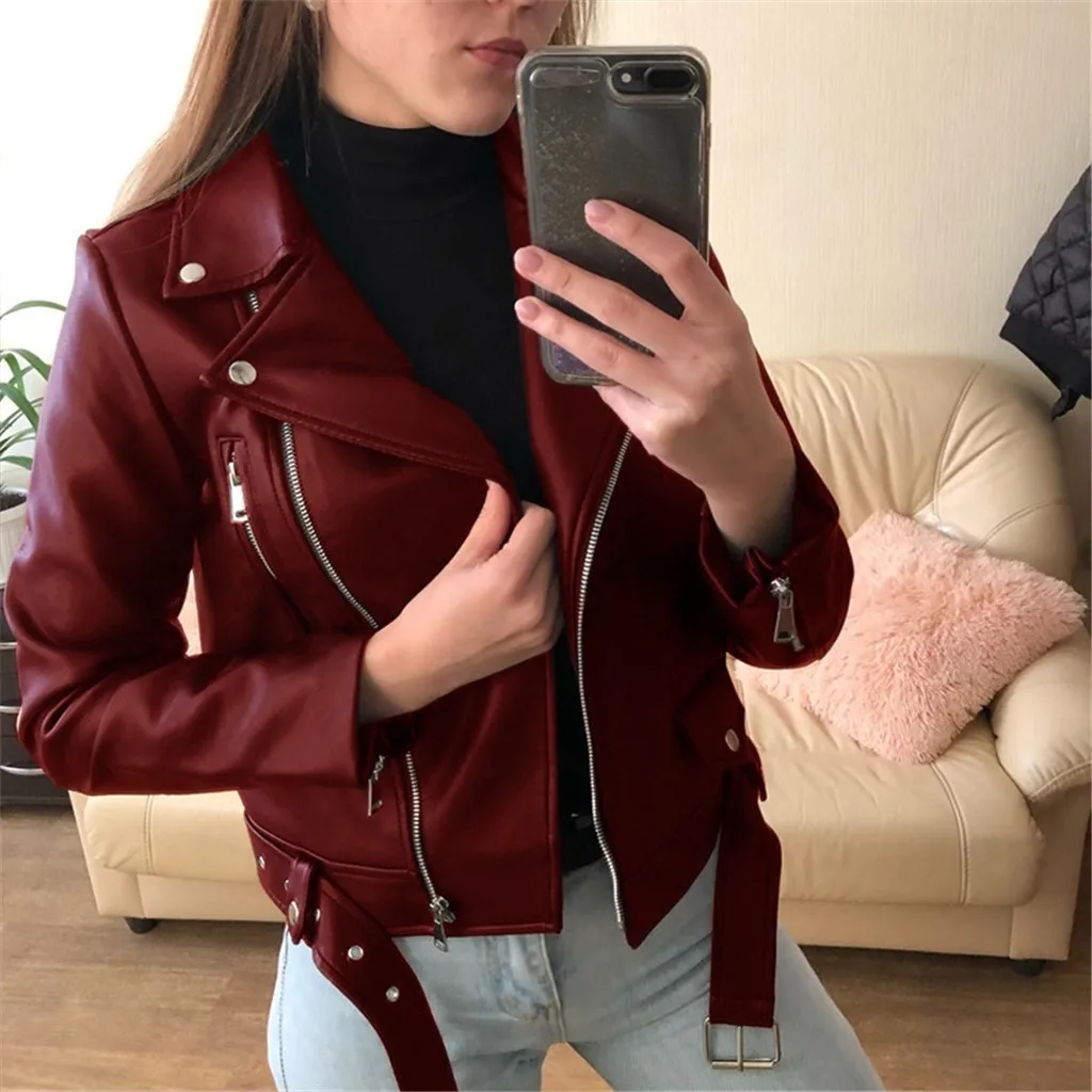 

2021 Faux Leather Jackets Women Casual Zipper Motorcycle Long Sleeve Slim Coats Winter Oversized Punk Fashion Brown Streetwear