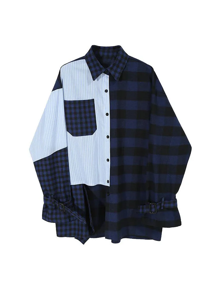 Women Blue Lattice Big Pocket Spliced Blouse New Lapel Long Sleeve Loose Fit Shirt Fashion Autumn