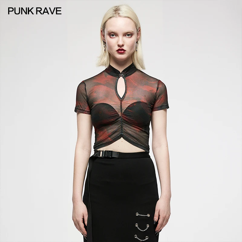 

PUNK RAVE Women's Dark Chinese Style Sheer Printed Fabric Short-sleeved T-shirt Metal Chinese Knot Buckle Tops Summer