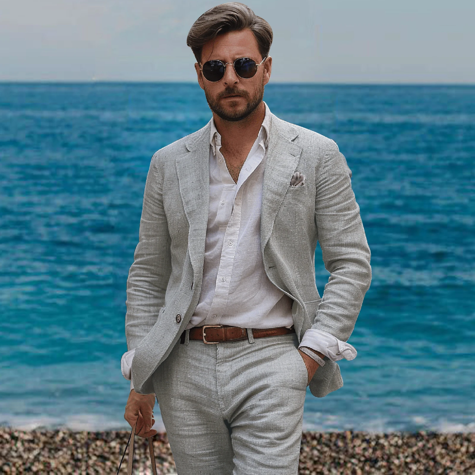 Фото Льняные повседневные костюмы для мужчин Slim Fit Летний пляжный однотонный костюм Смокинг Trajes Para Hombre Ensembles De Blazers Мужские костюмы на заказ №3