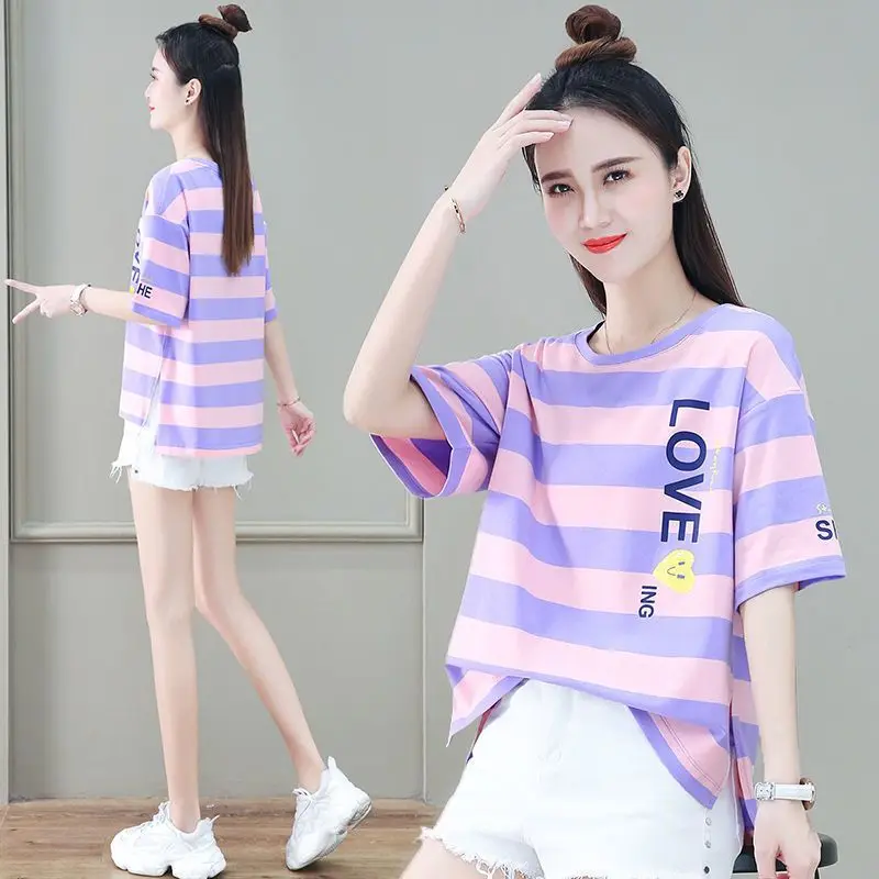 

2023 Summer New Loose Striped Short-Sleeved T-shirt Women's Split Short Letter Crew Neck Top Graphic T Shirts