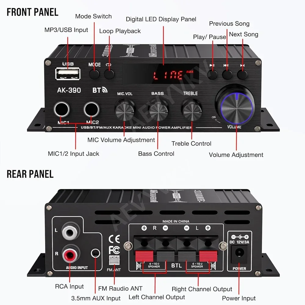 AK390 Усилитель Bluetooth 5.0 Hi-Fi Усилители мощности 400 Втx2 Стерео цифровой усилитель Басс
