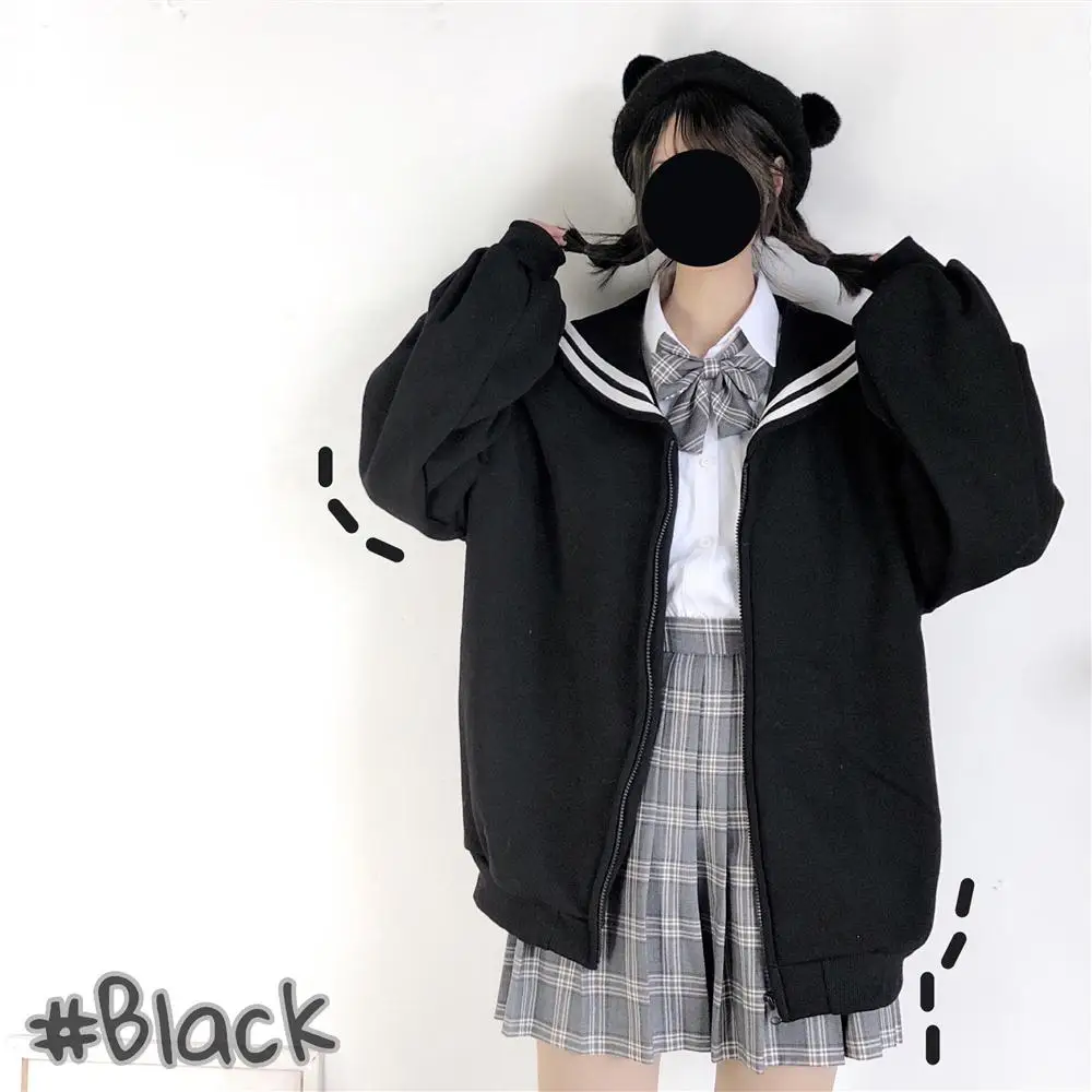 

College style cute baseball uniform Casual Striped Sailor Collar Zipper Sweatshirt Cardigan Coat Harajuku Women Jacket Top