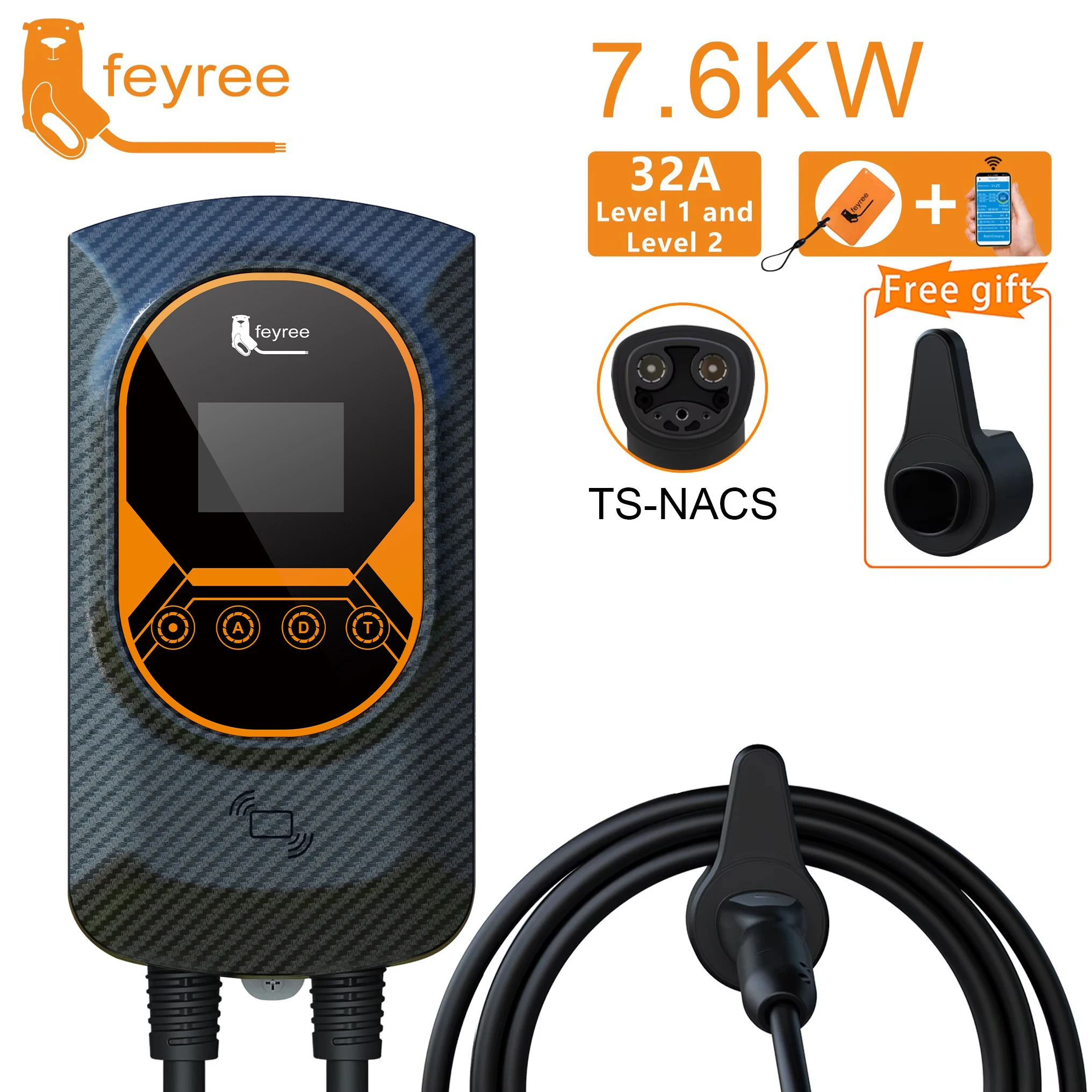 Feyree Зарядная станция EV для TS-NACS Socket EVSE Wallbox 32A 7.6KW 40A 9.6KW 50A 12KW Управление через приложение для быстрой зарядки для автомобиля Tesla