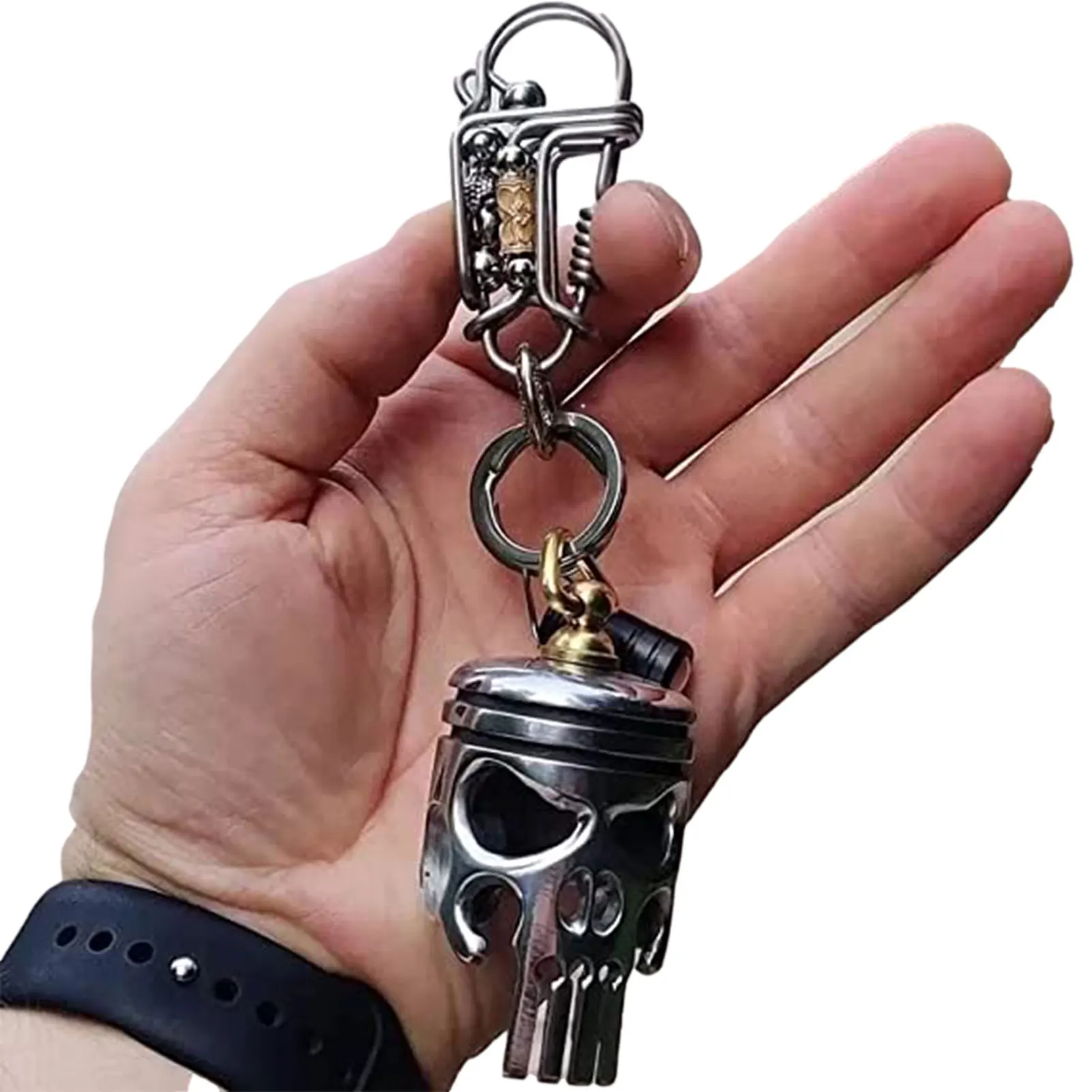 

Alloy Skull Keychains Mechanical Key Chain Ring Piston Art Pendant Flashlight Bottle Opener Skeleton Keyring Accessories Women
