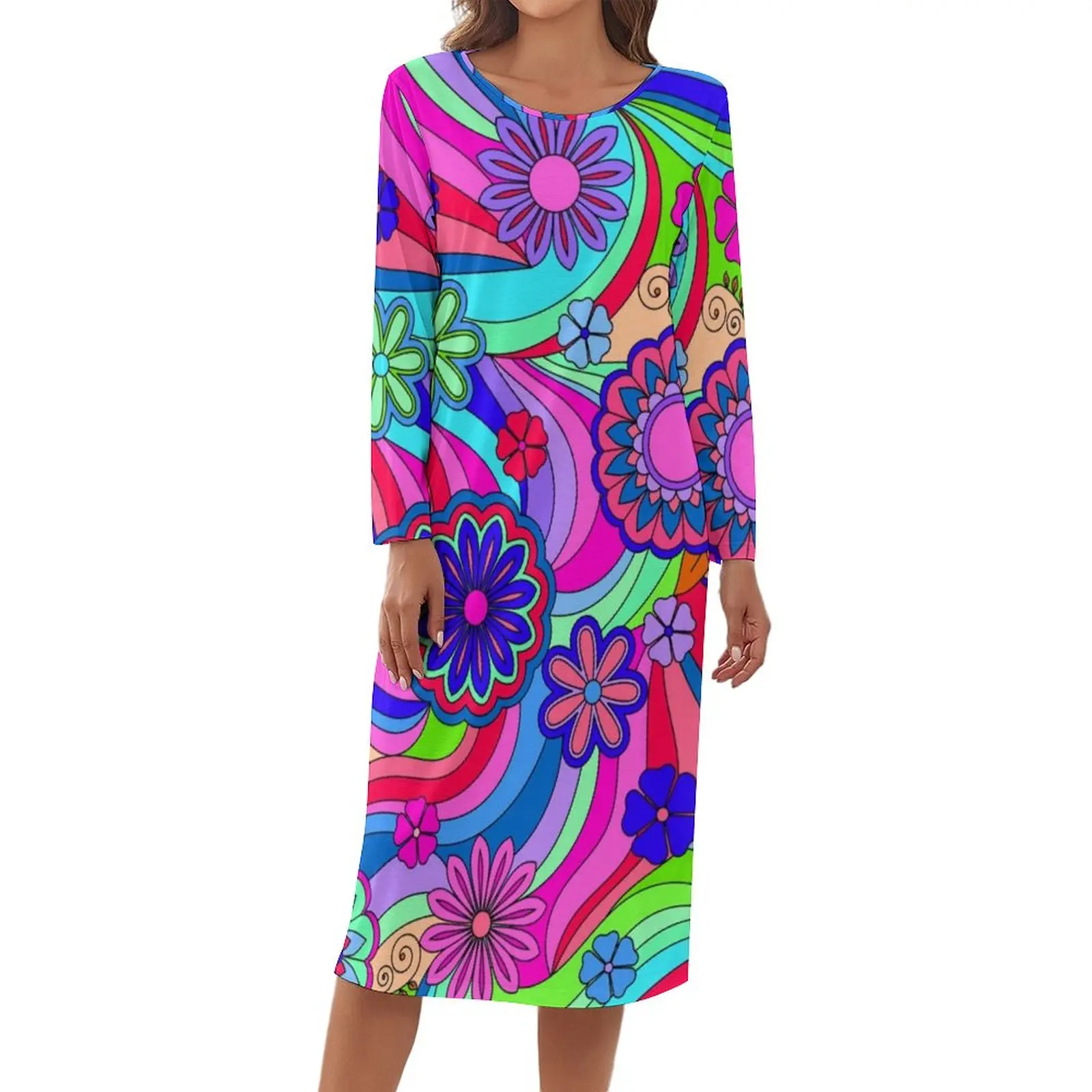 

Hippy Flower Power Pajamas Long Sleeves Colorful Floral Print Soft Dresses Female Casual Sleepwear Crew Neck Print Pajama