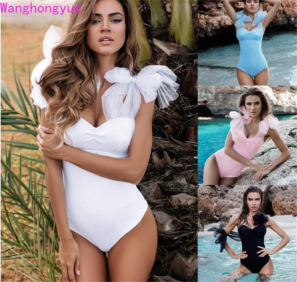 

One Piece Swimsuit Women Solid White Lace Shoulder Swimwear 2022 New Retro Monokini Beach Bathing Suit Bodysuit Swim Wear Summer