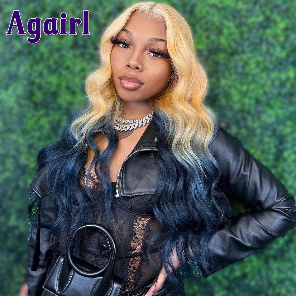 

30Inch 13X4/13X6 HD Lace Frontal Wig Ombre 613 Blonde with Dark Blue Body Wave Human Hair Wigs Night Blue Colored Lace Front Wig