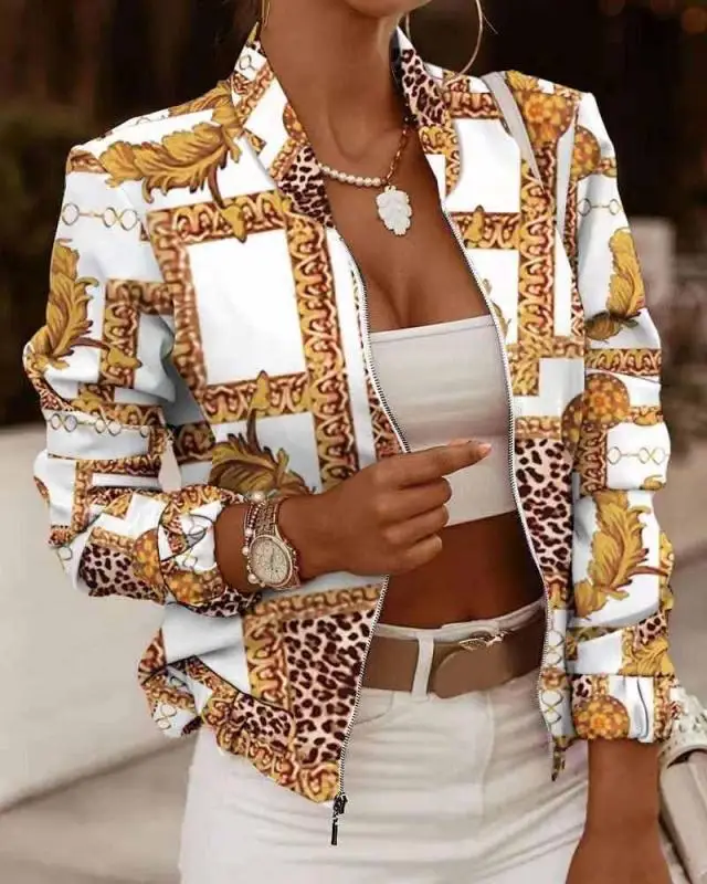 

Printed Biker Jackets Women's Spring Autumn Floral Casual Long Sleeve Pockets Streetwear Coat Female Zipper Slim Outwears
