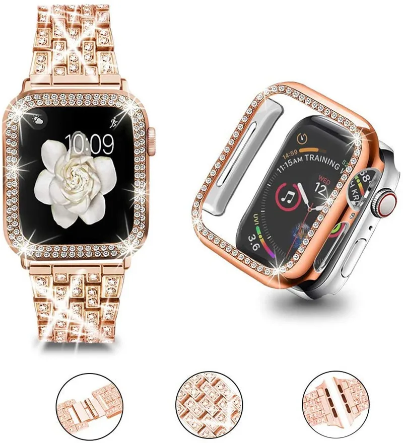 

For apple watch band 45mm 41mm 44mm 40mm 42mm 38mm Diamond Case+strap Stainless Steel bracelet correa cover iwatch 5 4 3 SE 6 7