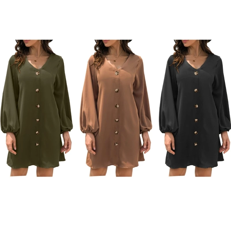 

Women Puff Long Sleeve V-Neck Button Down Solid Color Loose Flowy Midi Dress