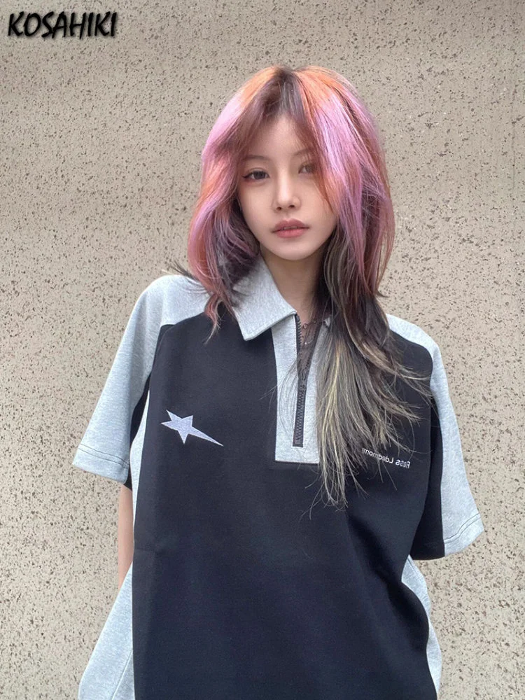 

Y2k Aesthetic Contrast Color T-shirts Turn Down Collar Patchwork Zipper Loose Streetwear Tops Harajuku Letter Print Cropped Tees