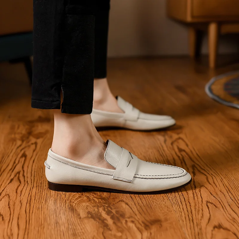 Leather Cowhide Real Round Toe Flats 
