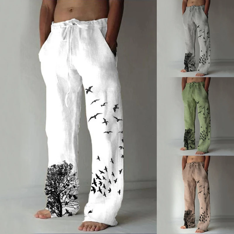 

2023 Summer New Men's Pocket Design Linen Pants Casual Drawstring Trouser Plus Size 3xl Mens Fashion Tree Birds Print Sweatpants