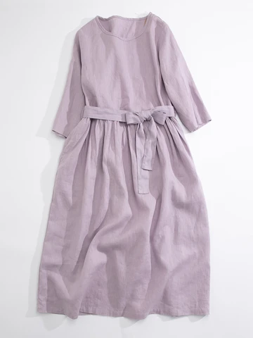 Cotton Linen Dress Women's 2023 Summer Loose Breathable Commuter Sleeve Dresses for Women's Casual Round Neck Dress