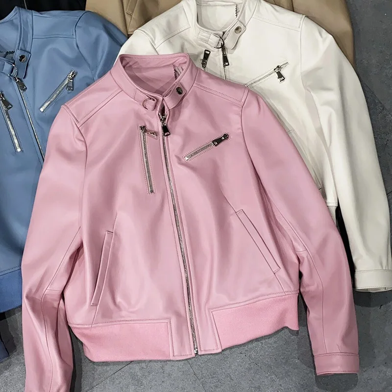 Lady Real Leather Jacket Stand Collar Bomber Coats Genuine Sheepskin Zipper Women Full Sleeve Spring Jacket TF5462