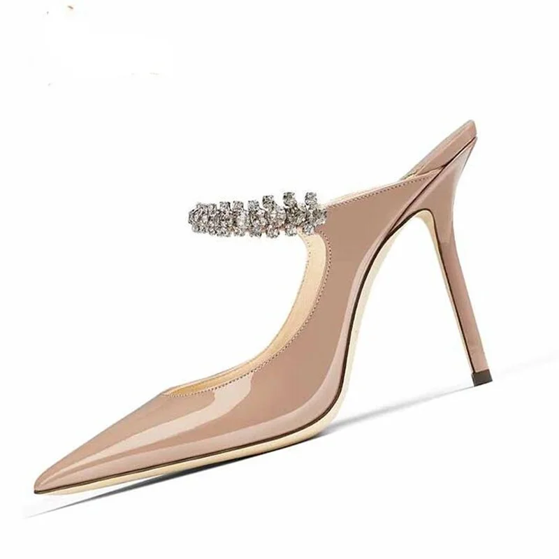 New Burgundy Velvet Crystal Strap High Heel Mules Pointed Toe Low Heels Dress Shoes Cut-outs Lady Party Celebrating Shoes