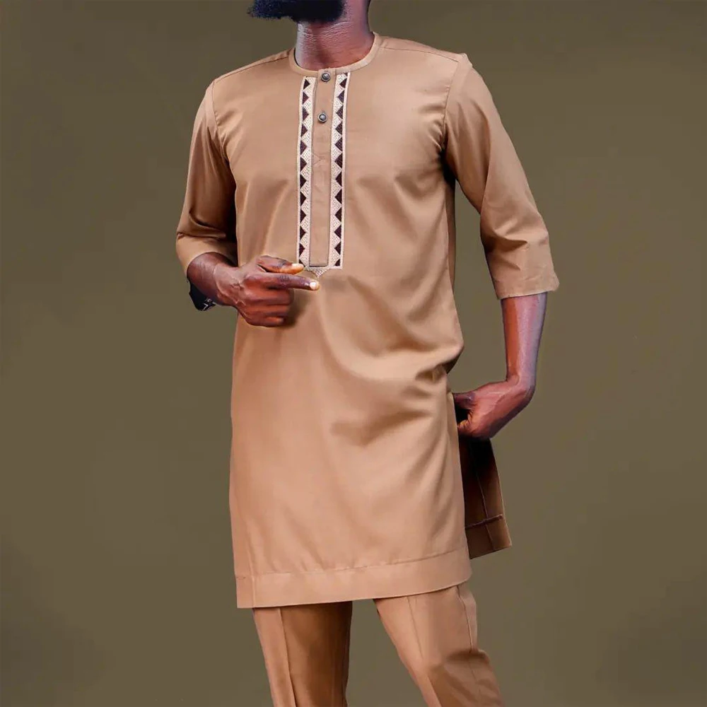 Man 2pcs Sets Dashiki African Dresses Embroidery Button Three-quarter Sleeve Top Pants Men Suits Ethnic Clothing Fashion Outfits