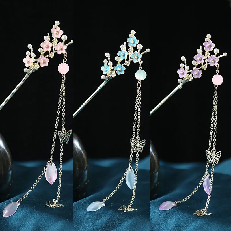 

Vintage Chinese Style Hair Stick Pearl Plum Blossom Fringed Hairpins Long Tassel Hair Fork Women Bridal Wedding Hair Accessories