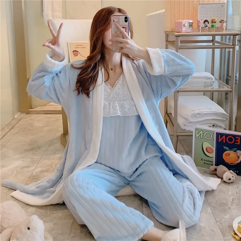 3 шт. Женские флисовые пижамные комплекты на осень и зиму | Женская одежда