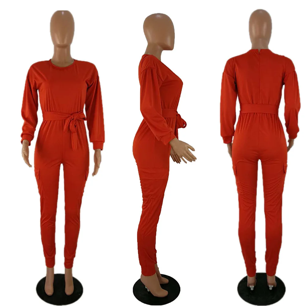 HM6077 Women's Jumpsuit Spring and Autumn New Solid Color Long Sleeve Casual Belt Belt Tight Jumpsuit Women
