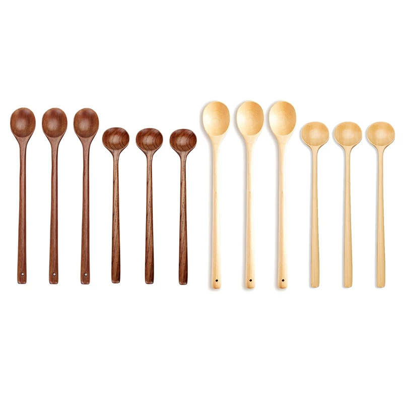 

JEYL 6-Piece Long Wooden Handle Spoon, Cooking Spoon, Teaspoon, Mixing Spoon, Kitchen Spoon 13 And 11 Inch