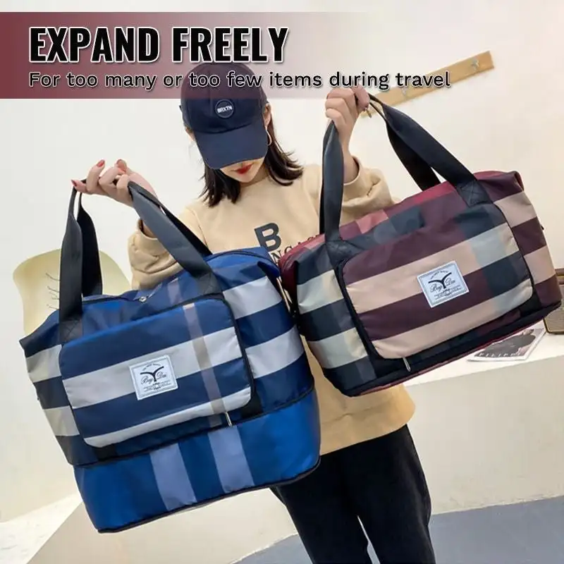

Waterproof Folding High Capacity Duffel Bag 24” Fashion Plaid Travel Bag Women Cabin Tote Bag Weekend Gym Bag Female
