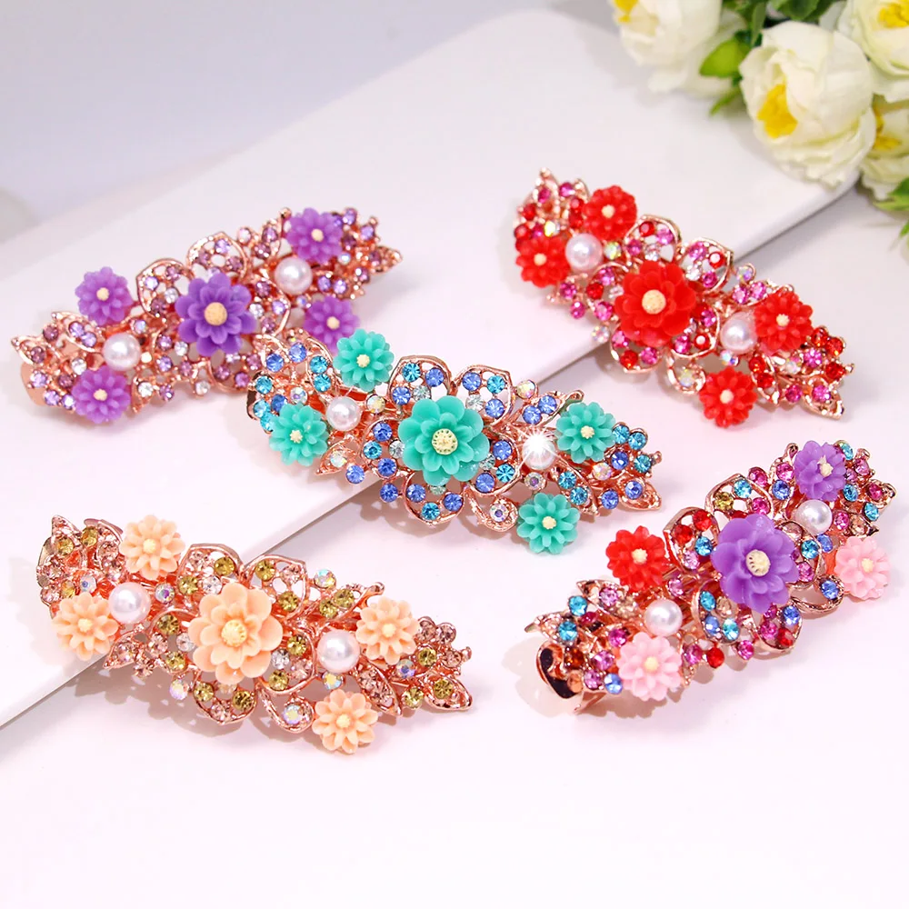 

New Rhinestone Alloy Hairpin Flower Hollow Color Spring Clip Luxury Crystal Clip Ladies Pearl Tiara