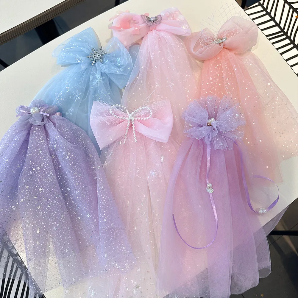 

Korean Diamond Hairpin Bow Snowflake Hair Clip Girl Long Veil Headwear for Girls Elsa Princess Crown Streamers Hair Accessories