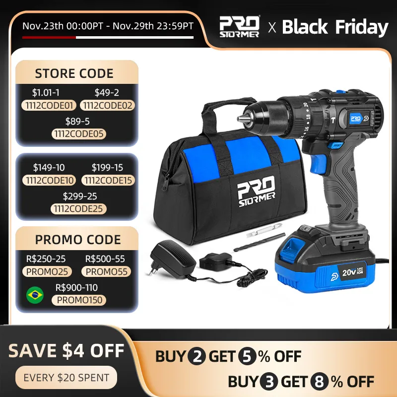 

Brushless Hammer Drill 60NM Impact Cordless Electric Screwdriver 3 Function 20V Steel / Wood / Masonry Tool By PROSTORMER