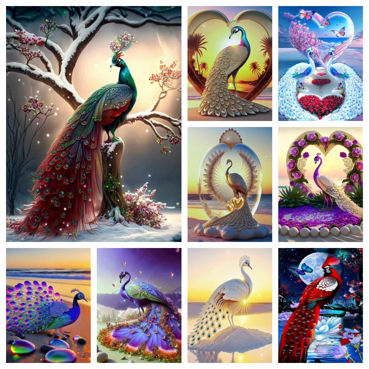 

5d Peacock Animal And Flowers Diamond Painting AB Drills Art Fantasy Cygnet In Lake Scenery Mosaic Cross Stitch Home Decor