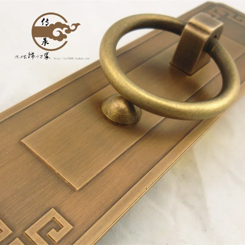 

Thickened Chinese pure copper antique solid wood door handle ripple square carved wardrobe door and window brass door ring