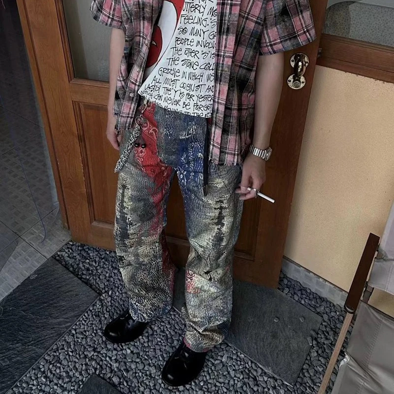 Винтажные потертые мешковатые рваные красные лоскутные джинсы для мужчин