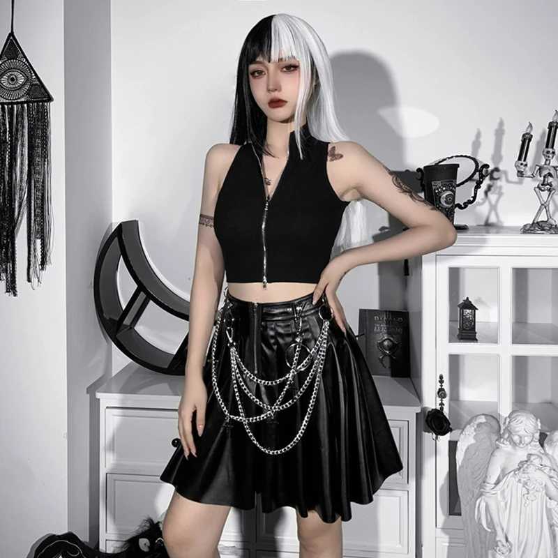 

H9ED Goth Punk Black Slim Mini Short Skirts High Waist Chain Pleated Skirt Women Streetwear Clubwear
