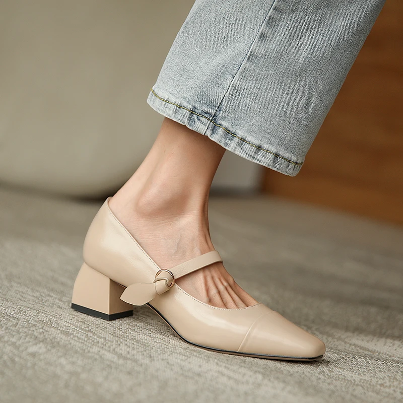 33-40 large size women's shoes with square toe cowhide stitching medium heel thick heel thin strap buckle women's shoes