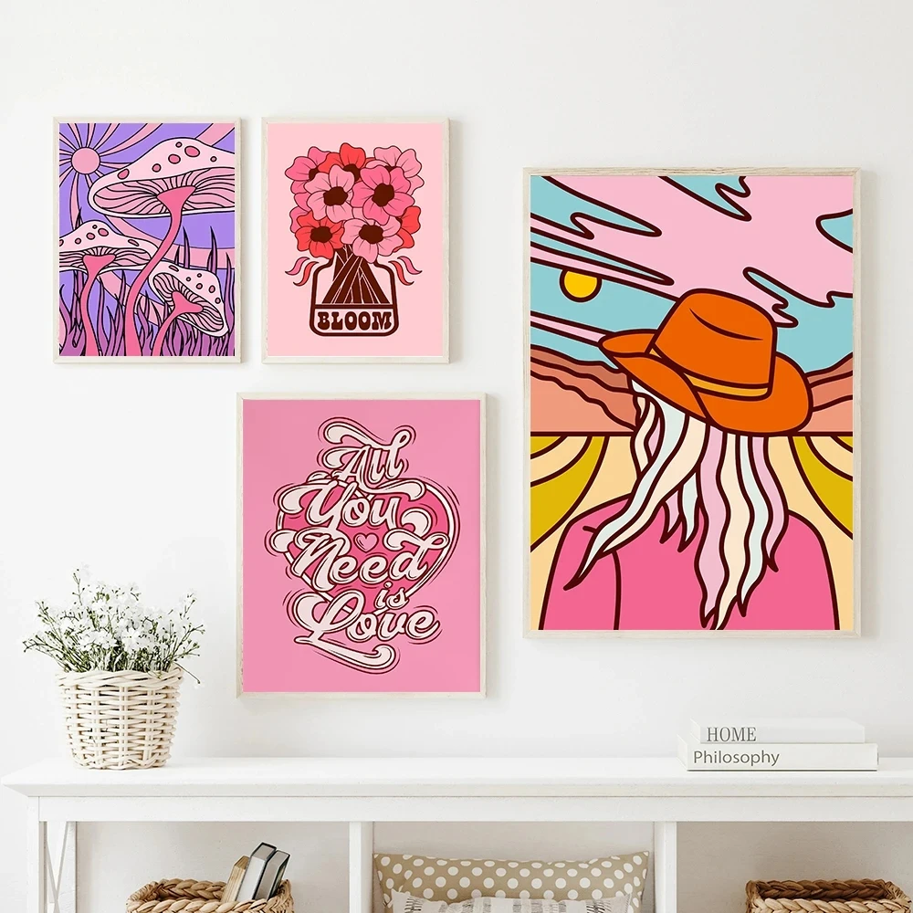 

Cowgirl 60s Wall Art Vintage Poster Bedroom Living Room Decor Retro Flower Psychedelic Inspirational Quote Canvas Painting Home