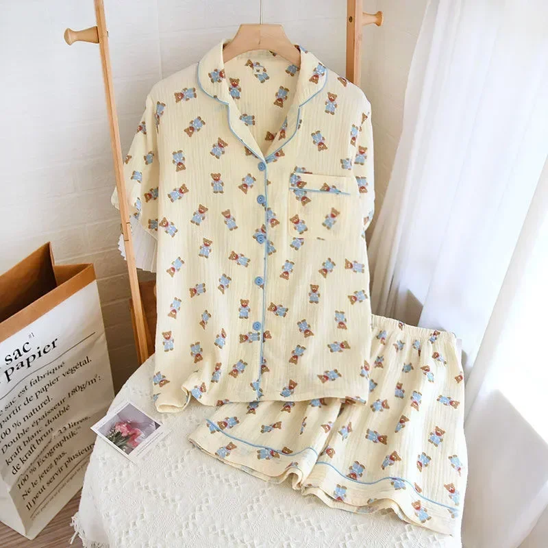 

Set Short-sleeved new Summer Simple, Crepe 2023 cotton Shorts Comfortable Beautiful Service Home Set Women's Pajamas And