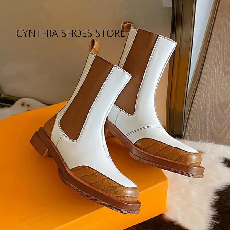 

Ботинки женские до середины икры на толстом каблуке, Кожаные Модные Винтажные ботинки челси с квадратным носком, разные цвета, Осень-зима